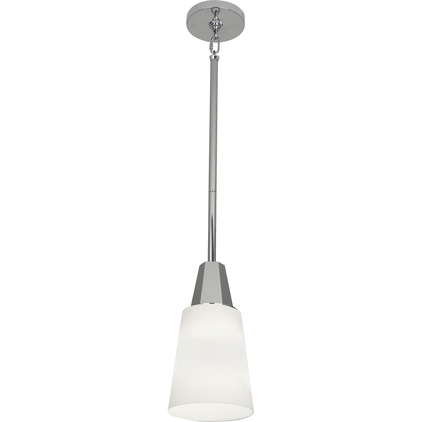 Polished Chrome pendant light with frosted cased white glass shade.