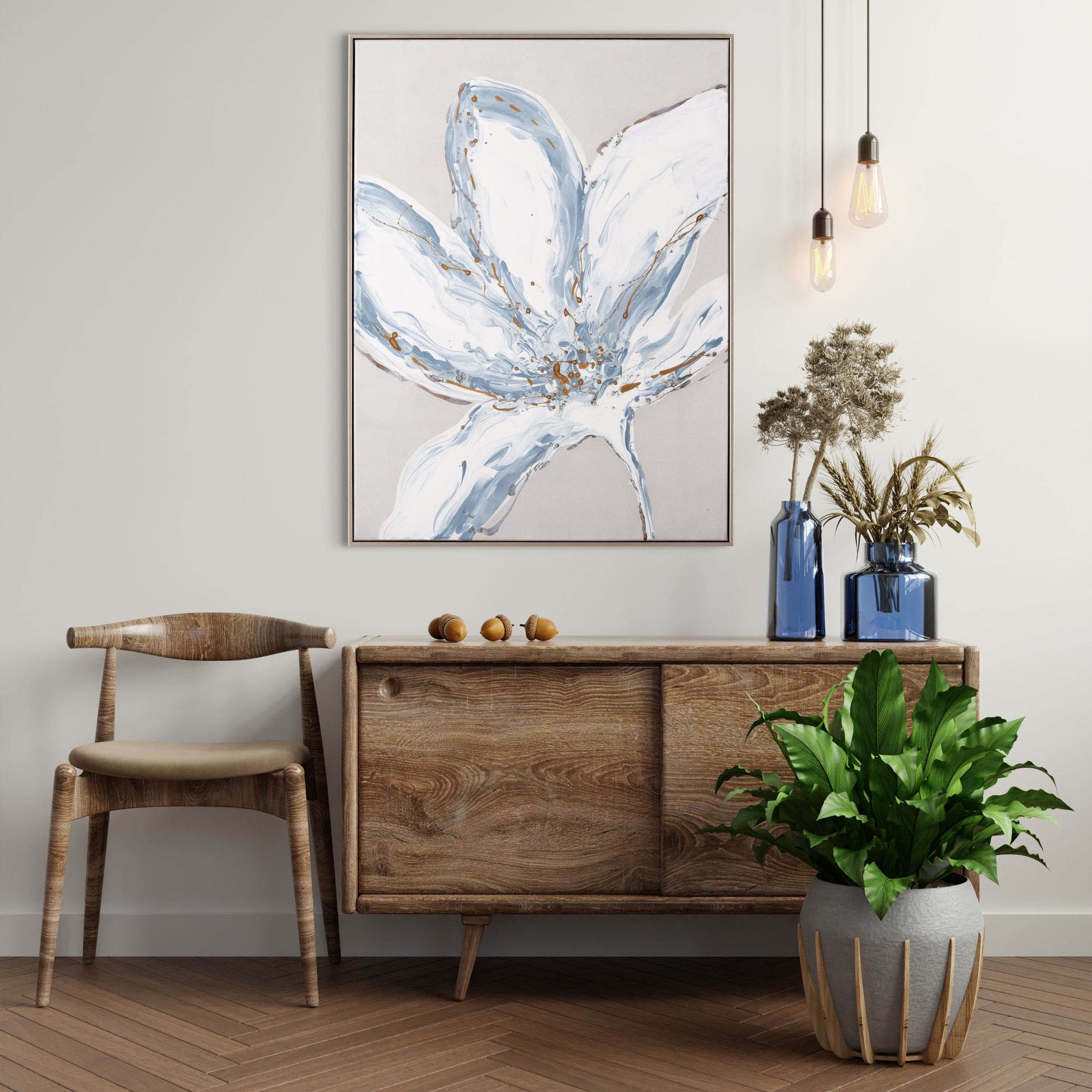 Whispers of a Lily displayed above a rustic wooden console table, complementing a minimalist dining room.