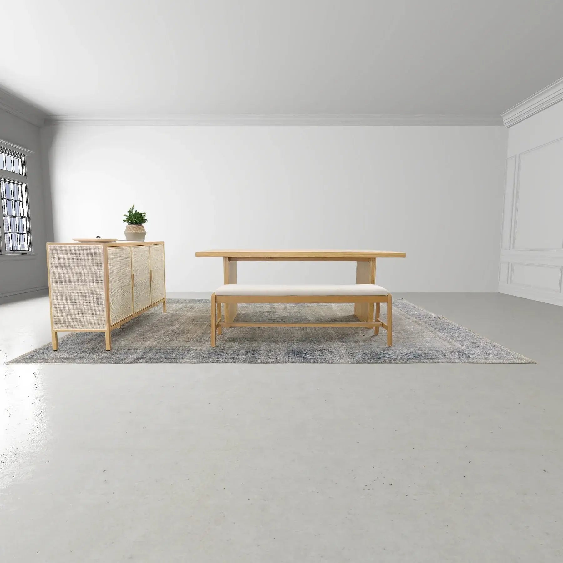 Wicker dining table with a matching bench, featuring natural oak wood and wicker panel accents.