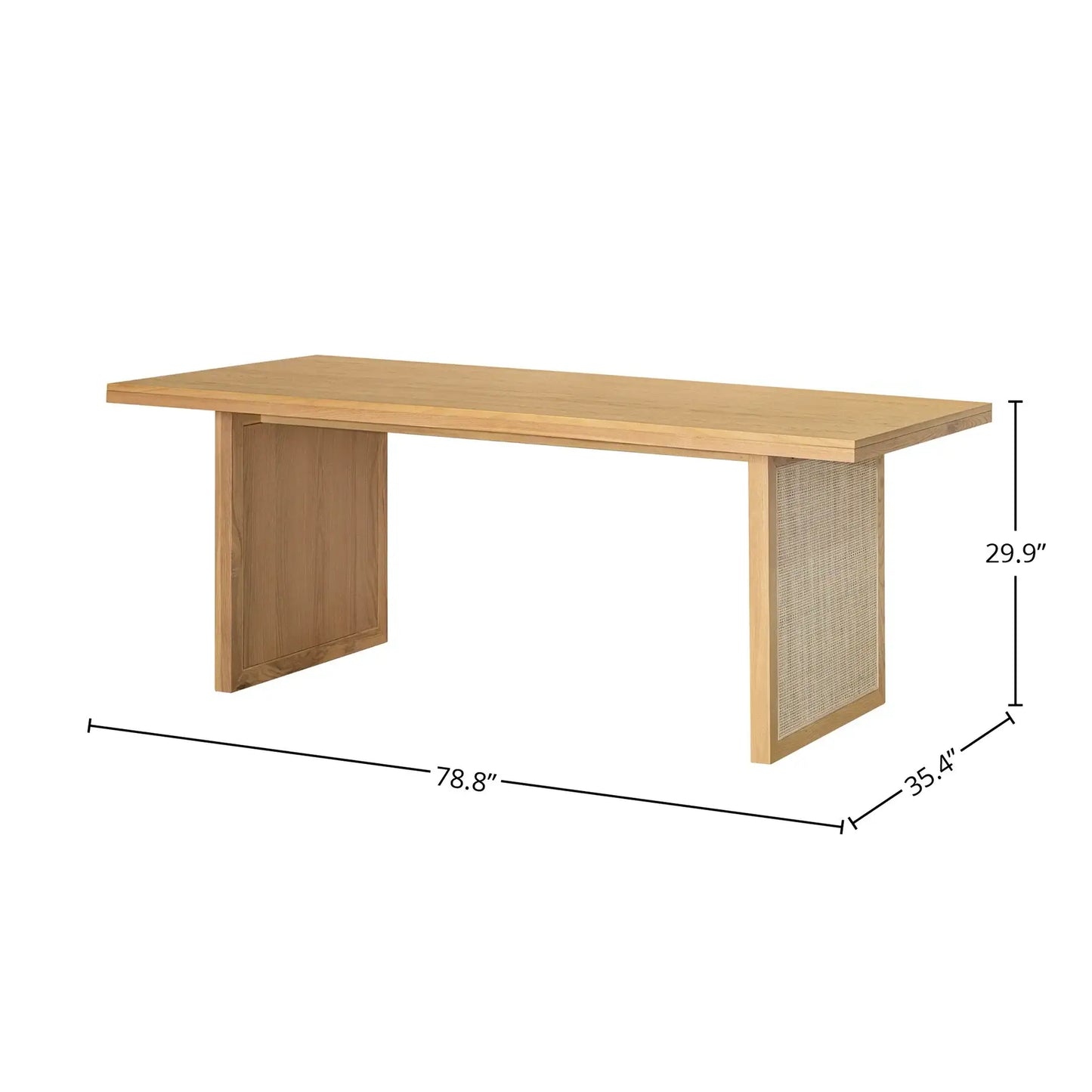 Wicker dining table with dimensions, showcasing its oak wood finish and stylish wicker panel legs.