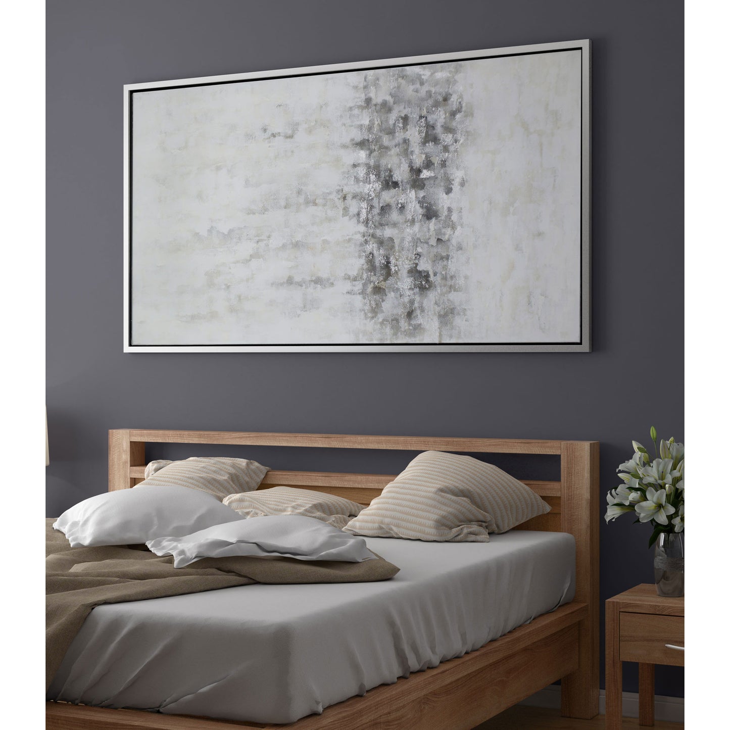 Hand-painted white abstract canvas with gray tones and silver leaf accents, framed in a silver floater frame.