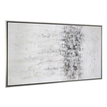 
Angled view of a white and gray abstract painting with silver leaf accents, framed in a sleek silver floater frame.