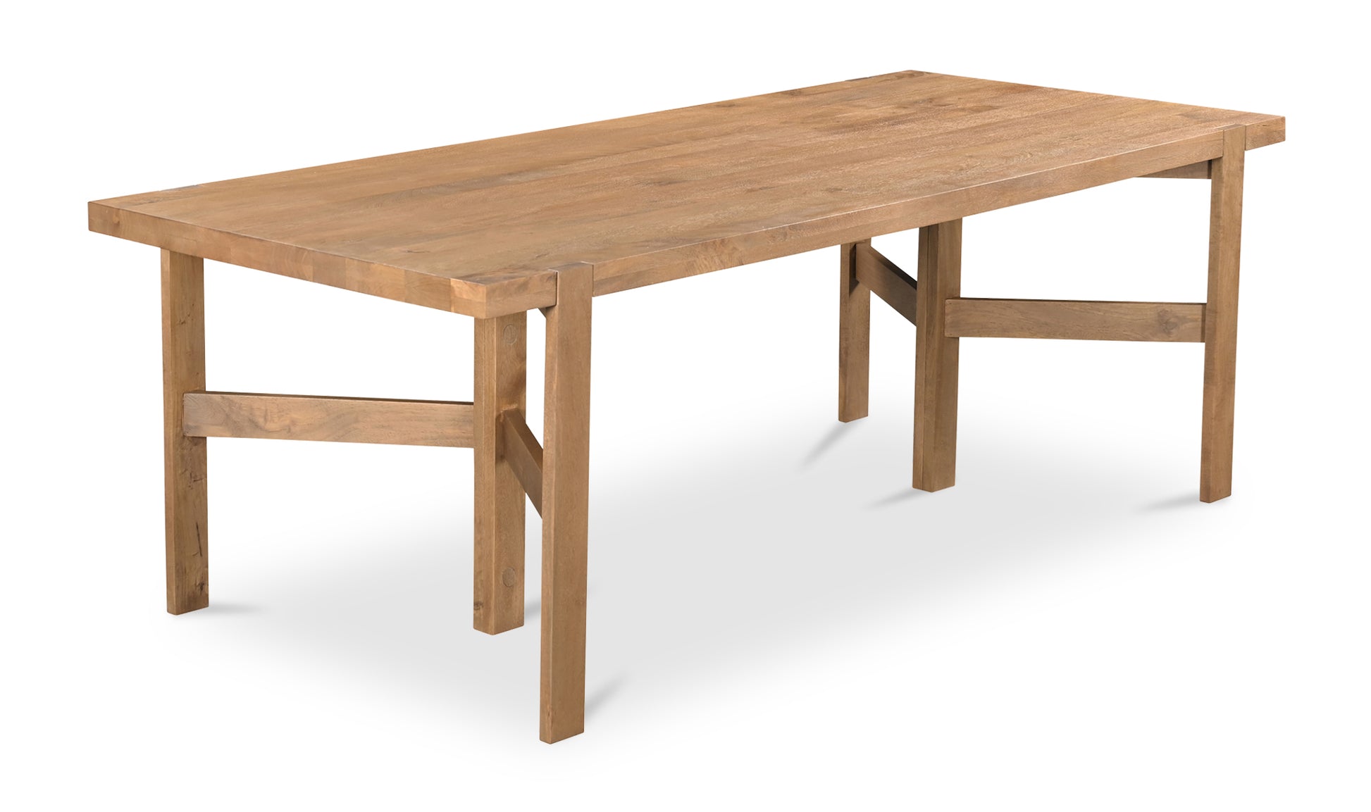Side view of the Workshop modern wooden dining table made from mango wood, with a rustic brown finish.